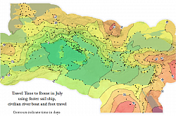 orbis.stanford.edu  Carte des temps de transport depuis Rome (vers 200)